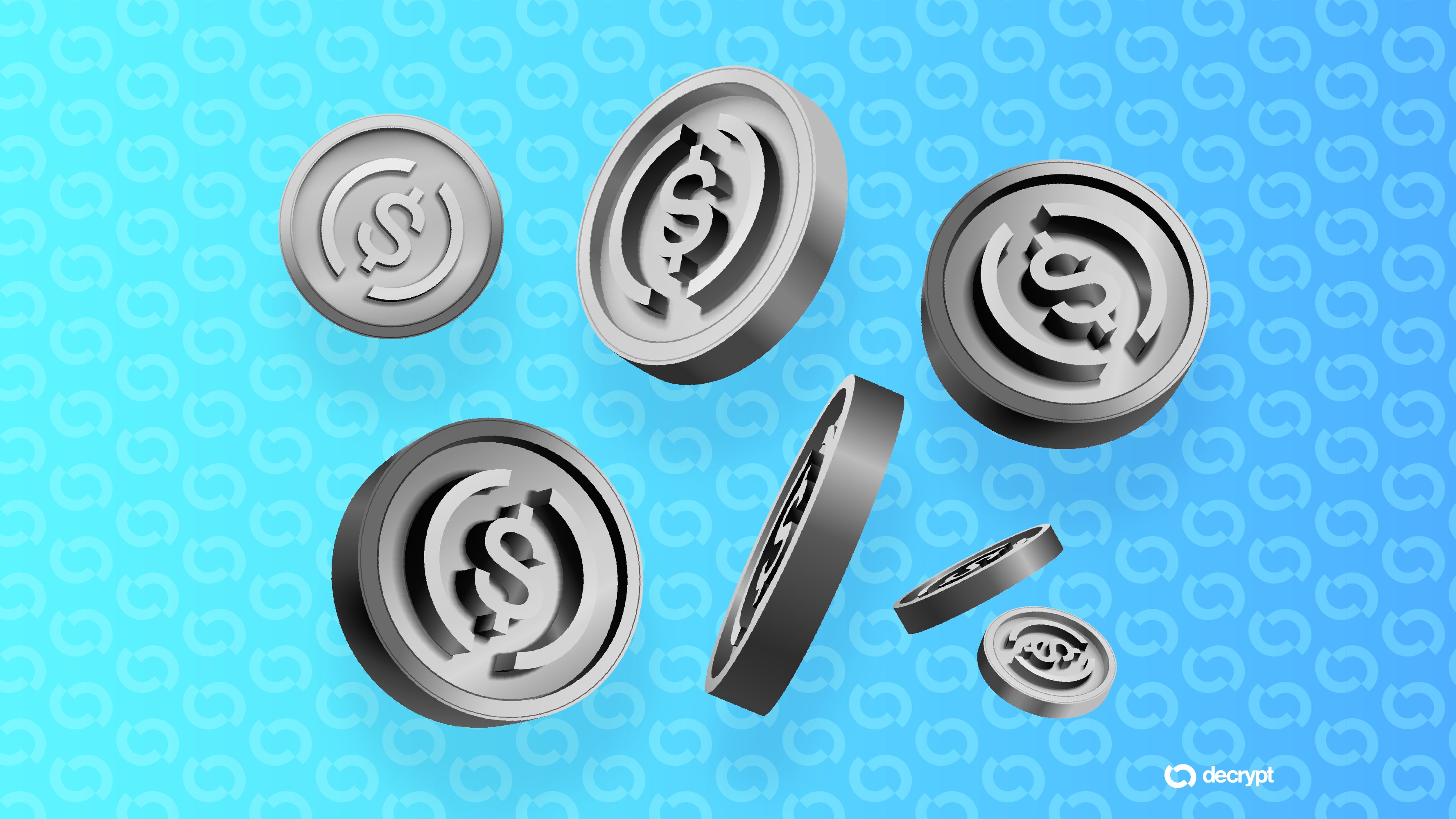 Illustration of silver coins bearing the USDC stablecoin logo falling against a light blue background patterned with matching logos, with a "decrypt" watermark in the corner.