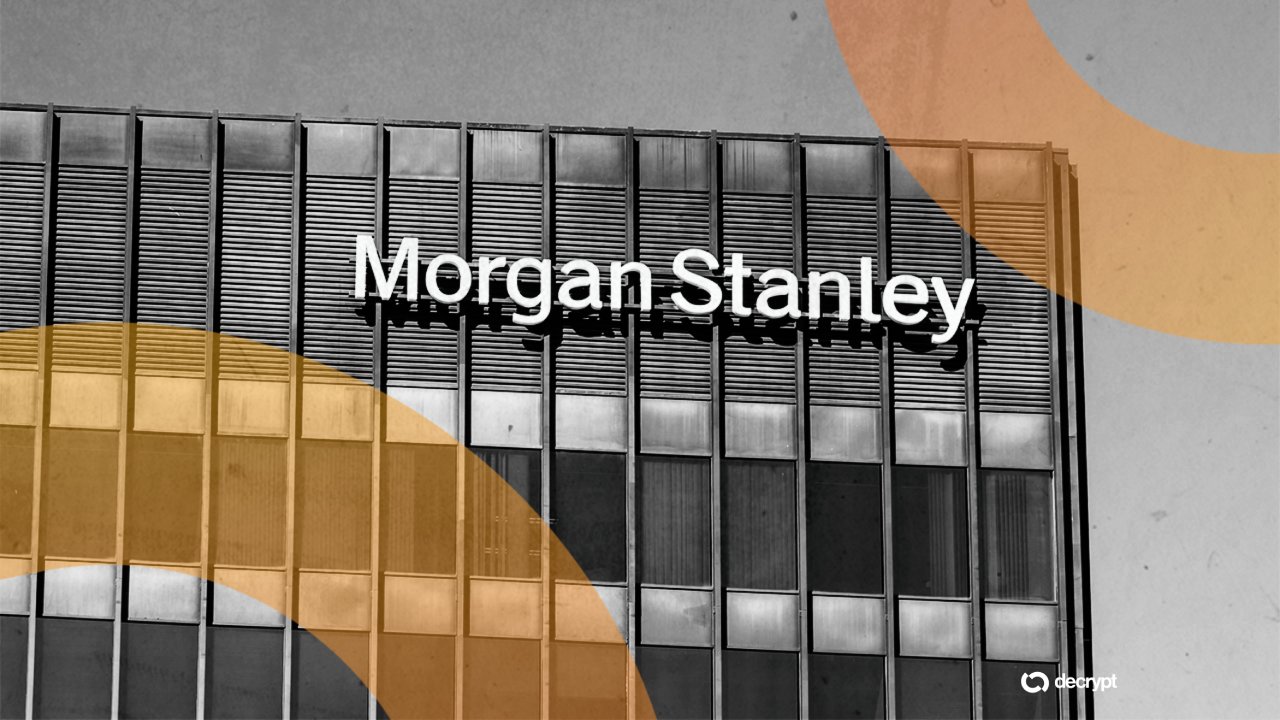 Graphic illustration: a "Morgan Stanley" sign sits atop a gray office building, overlaid with abstract orange and yellow shapes and a "decrypt" logo.