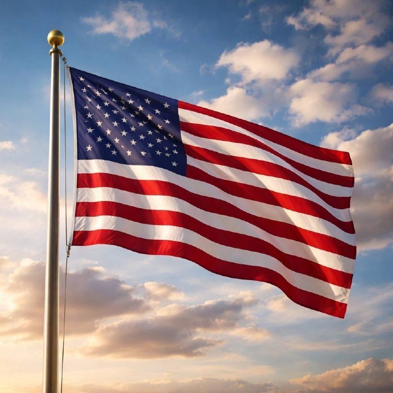 An American flag waves on a silver flagpole topped with a gold finial against a partly cloudy sky at sunset.