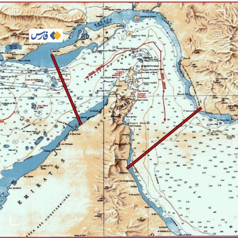 A topographical map showing the Strait of Hormuz, the Gulf of Oman, and the UAE coastline, overlaid with red arrows indicating shipping lane directions and a red boundary line across the strait.