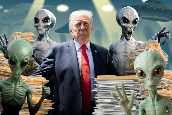 A digitally composed illustration shows a man in a dark suit and red tie surrounded by four gray aliens amid stacks of paperwork, with UFOs hovering above.