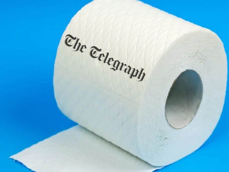 A roll of white toilet paper with "The Telegraph" printed in black gothic-style text sits against a solid blue background.