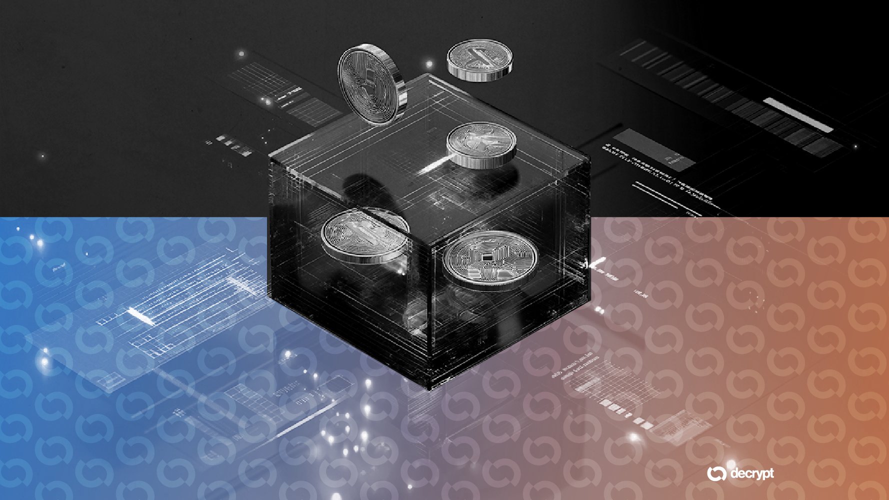 Digital illustration showing silver cryptocurrency coins inside and above a transparent black cube, with a "decrypt" logo in the corner.