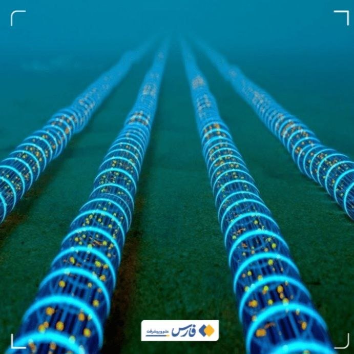 Illustration showing several glowing blue cylindrical cables arranged in parallel rows across an underwater seabed.