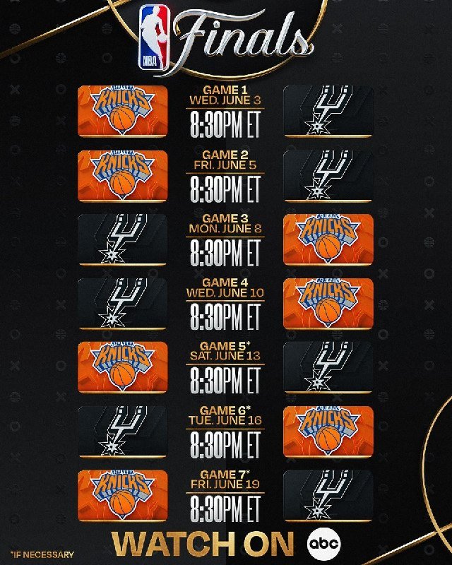 NBA Finals 2025 game schedule graphic listing all seven games between the New York Knicks and San Antonio Spurs at 8:30 PM ET, airing on ABC.
