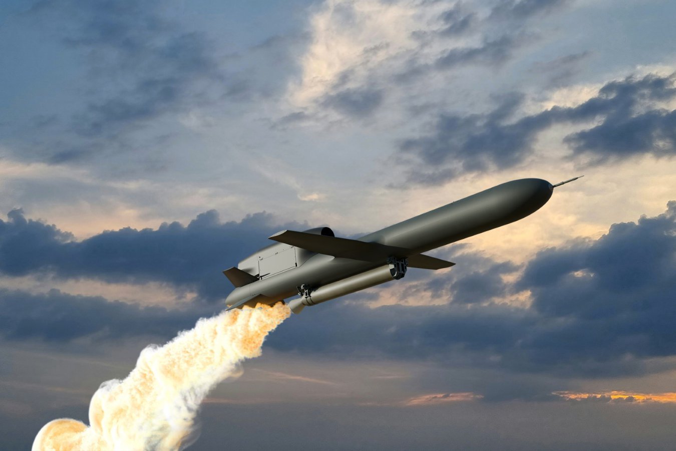 A missile with rear fins launches upward through a cloudy sky, propelled by a bright orange flame and trailing plume of smoke and fire.