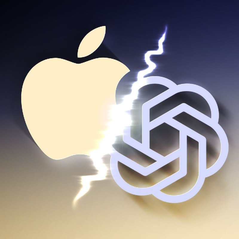 A digital illustration shows the Apple logo and the OpenAI logo separated by a glowing lightning bolt crack.