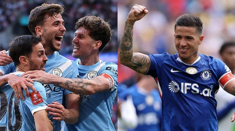 Side-by-side image: soccer players in light blue jerseys celebrating together on the left, and a tattooed player in a dark blue Chelsea jersey raising his fist on the right.