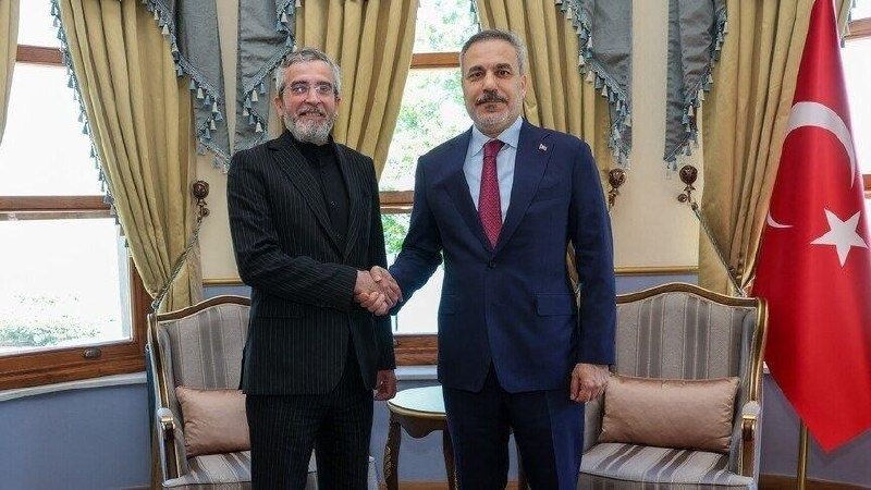 Two men in suits shake hands in a formal room with draped curtains, upholstered chairs, and a red Turkish flag visible on the right.