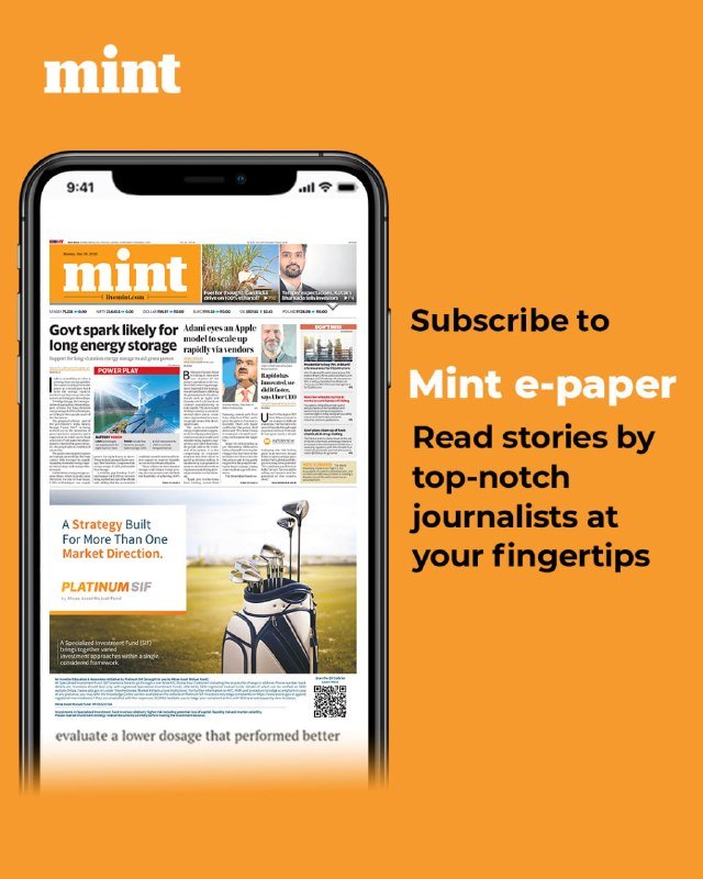 A promotional graphic on an orange background displays a smartphone showing the Mint e-paper newspaper, alongside text advertising a subscription.