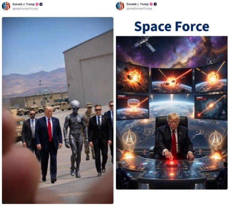 Two side-by-side social media posts show a photo of a man in a red tie walking with an alien figure, and an illustration labeled "Space Force" depicting the same man at a control panel with Earth and explosions on screens behind him.