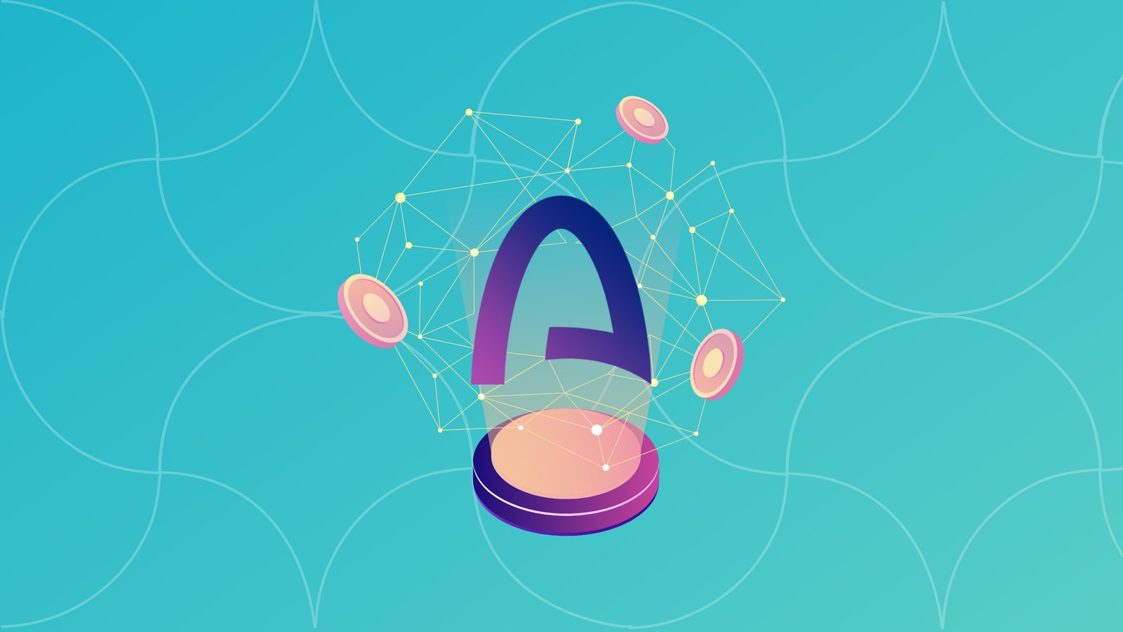 Digital illustration featuring a stylized letter "A" surrounded by a web of connected nodes, floating coins, and a circular base against a turquoise patterned background.