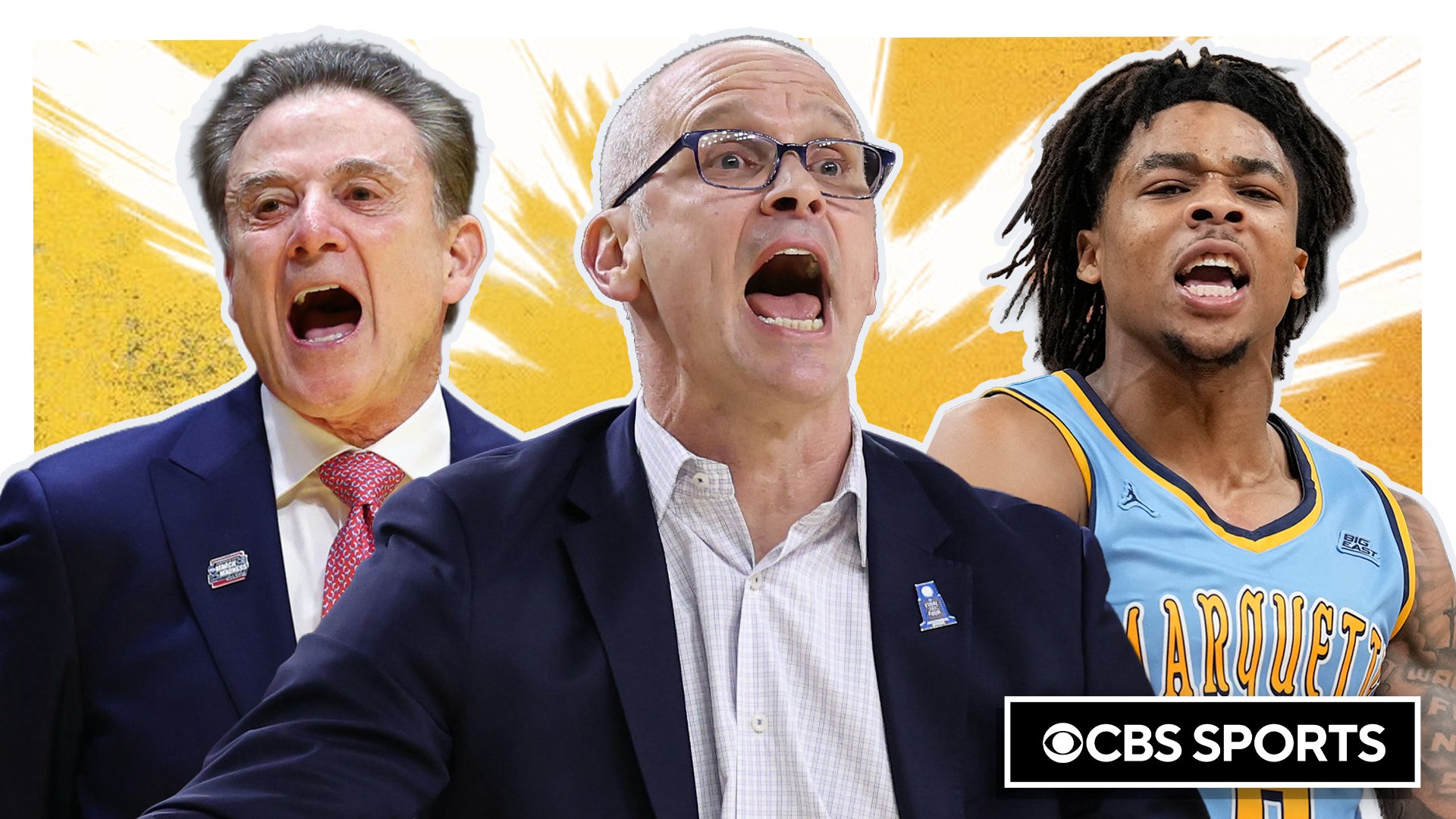A graphic shows three men with open-mouthed shouting expressions against a yellow starburst background: two in suits and one in a light blue Marquette basketball jersey, with a CBS Sports logo.