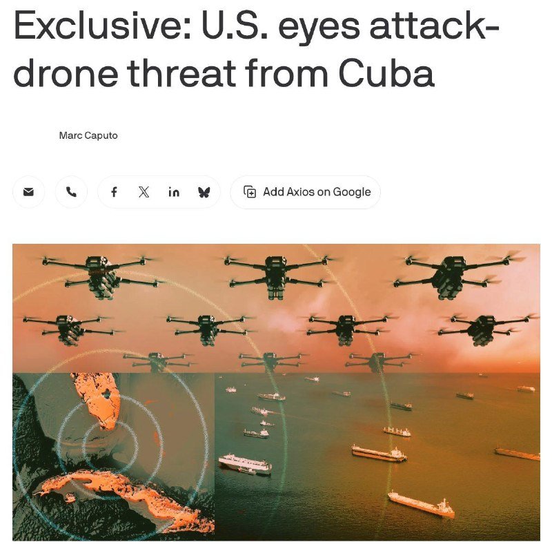 A digital illustration shows multiple drones flying over an orange-tinted seascape with cargo ships, alongside an inset map of Florida and Cuba marked with concentric targeting rings.