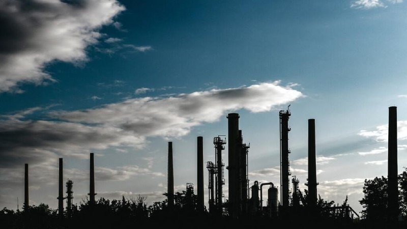 Silhouettes of industrial smokestacks and refinery towers rise against a partly cloudy sky at dusk, framed by dark treetops along the bottom edge.