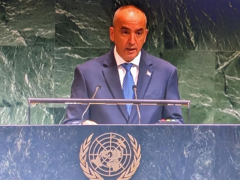 A man in a dark suit and blue tie speaks at a podium bearing the United Nations emblem, set against a green marble backdrop.