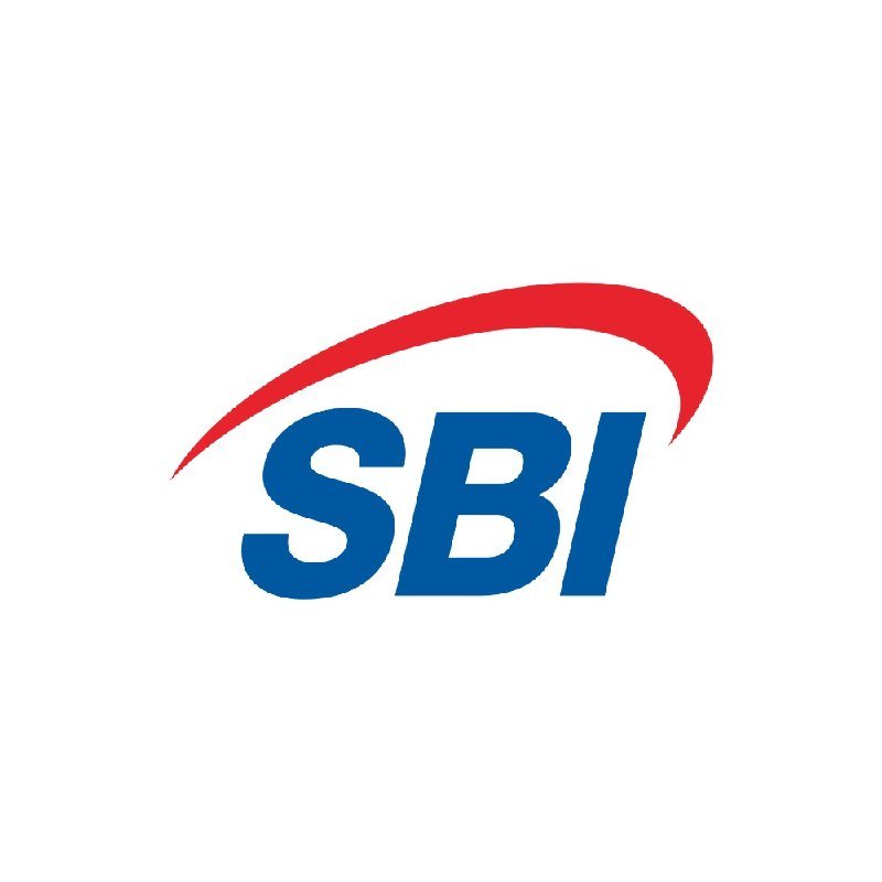 The SBI logo features blue italicized letters "SBI" beneath a curved red arc on a white background.