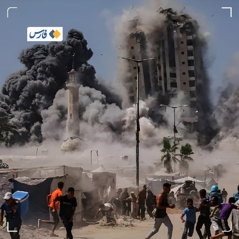 A high-rise building and a minaret collapse amid massive smoke clouds as people flee past tents in the foreground.