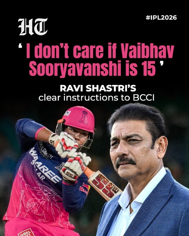 A graphic shows a young cricketer in pink Rajasthan Royals gear mid-swing, beside an older man in a blue suit, with text quoting "I don't care if Vaibhav Sooryavanshi is 15."