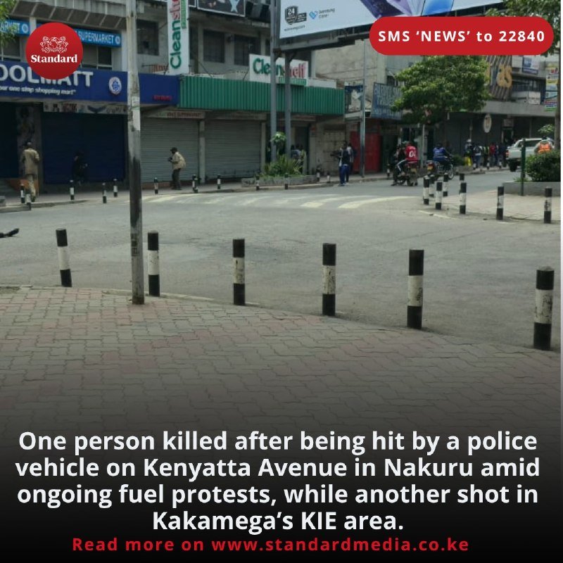 A graphic shows a closed urban street with shuttered storefronts, scattered pedestrians, and bollards, overlaid with a Standard news banner and caption about a police vehicle incident on Kenyatta Avenue, Nakuru.