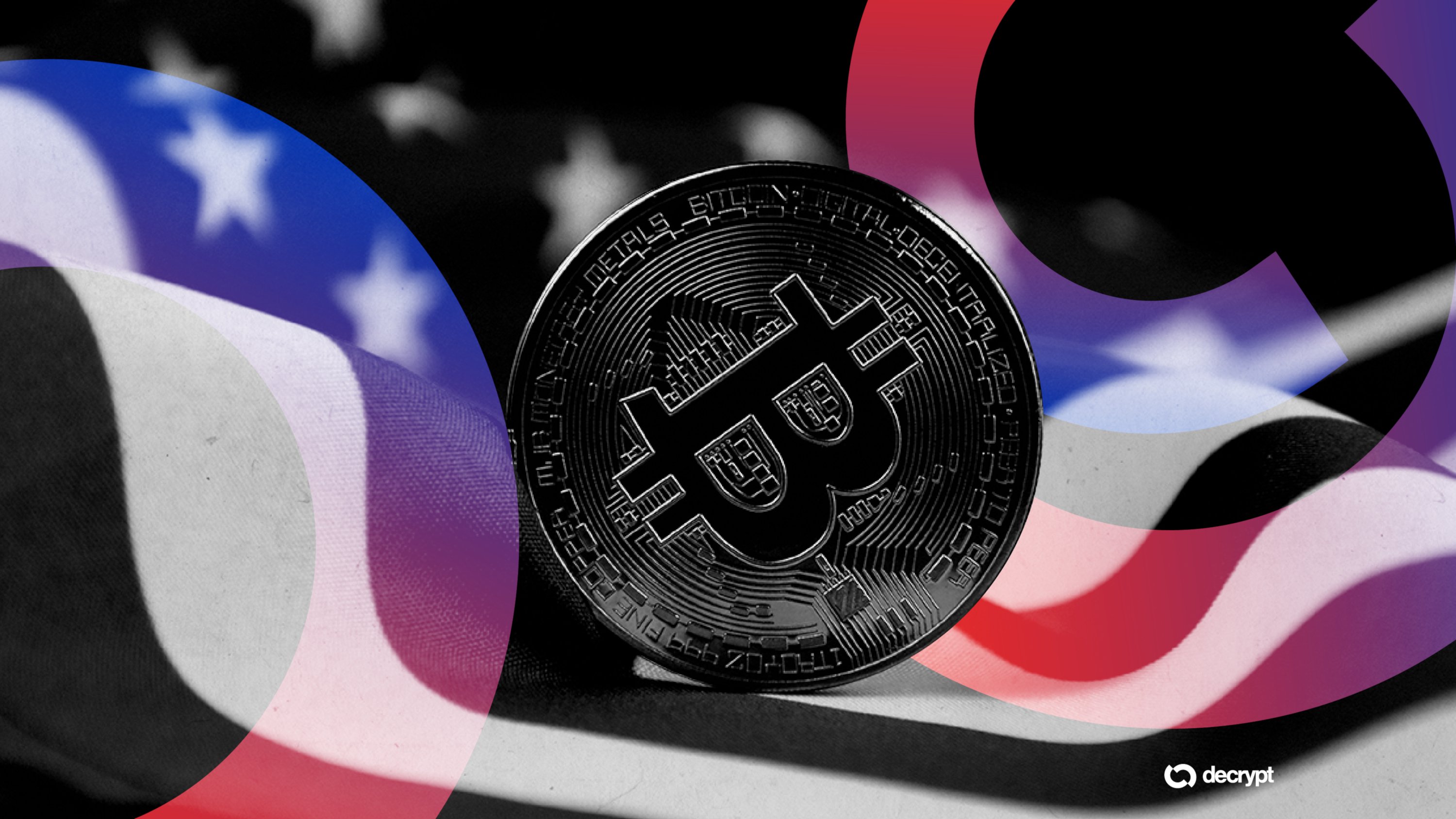 A physical Bitcoin token rests atop a draped American flag, with a "decrypt" logo visible in the corner.