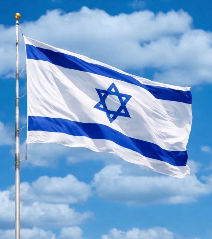 A white flag with two horizontal blue stripes and a blue Star of David waves on a flagpole against a partly cloudy blue sky.