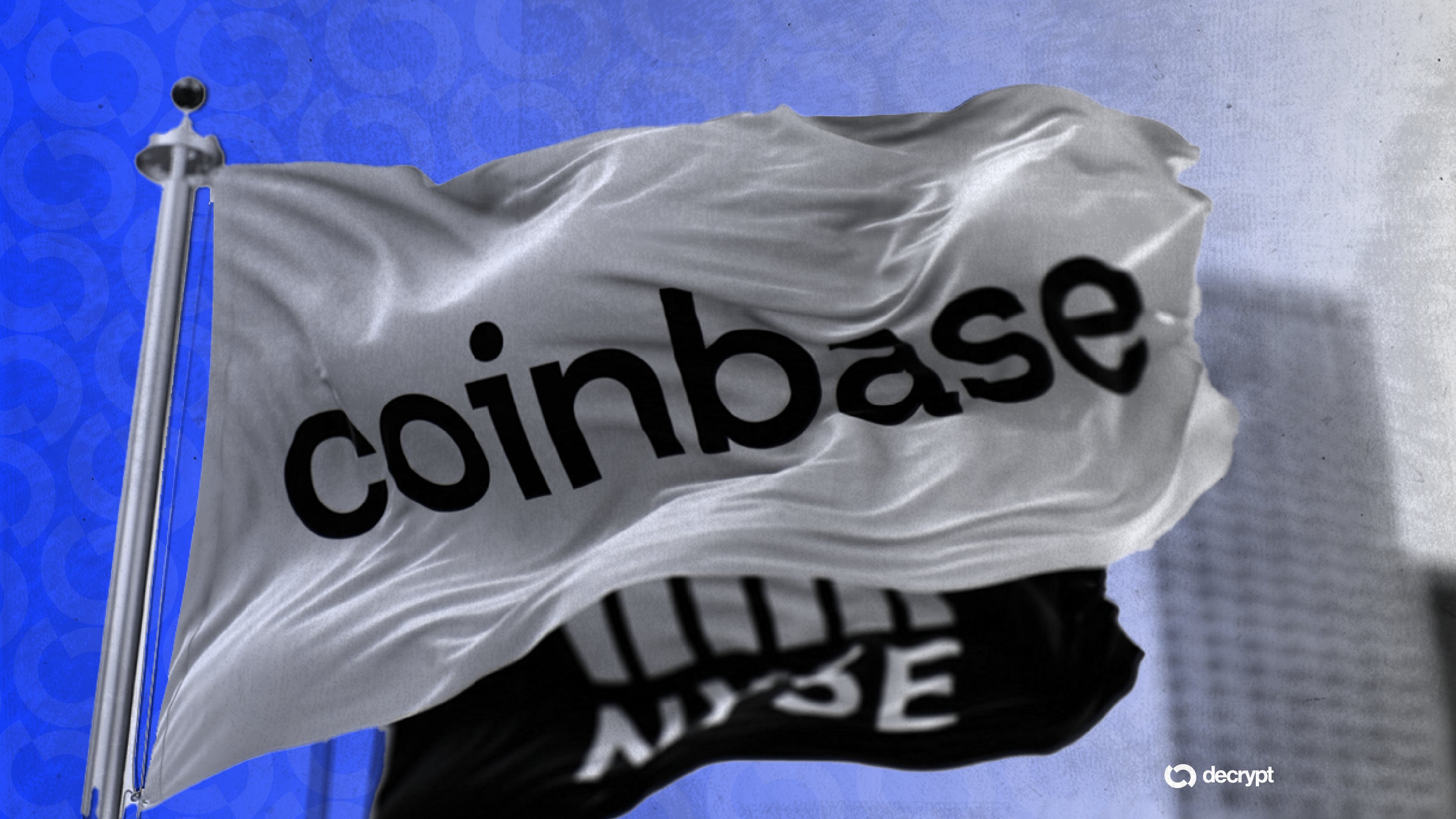 A white flag with the Coinbase logo waves against a blue background in this stylized illustration, with a "decrypt" watermark in the corner.