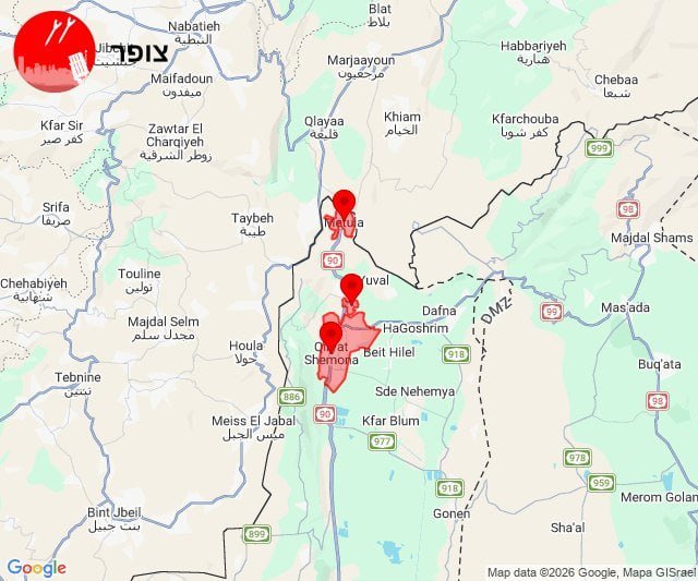 A map graphic showing red location pins clustered along a road in southern Lebanon, near the Israeli border, with Hebrew text and a "צוק איתן" logo in the upper-left corner.