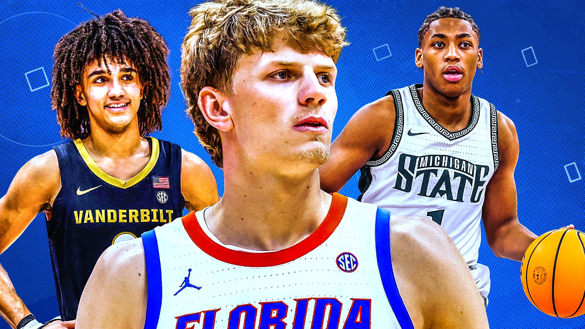 A graphic illustration features three basketball players against a blue patterned background, wearing Vanderbilt, Florida, and Michigan State jerseys, with the rightmost player holding an orange basketball.