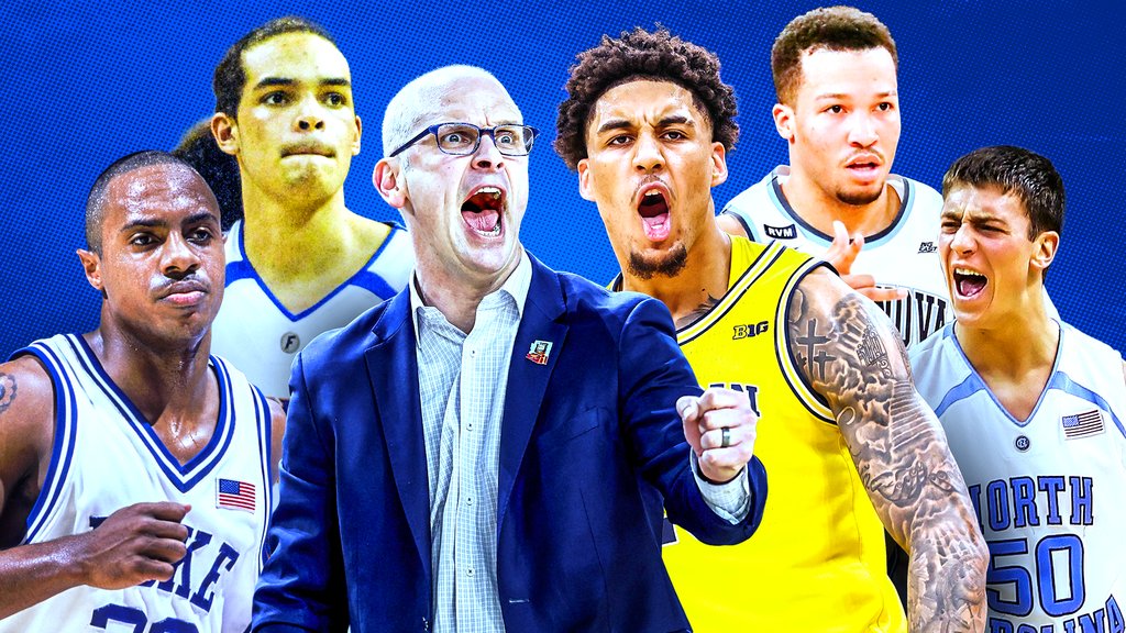 A digital composite illustration shows five basketball players in white, blue, and yellow jerseys alongside a shouting coach in a blue blazer, set against a blue patterned background.