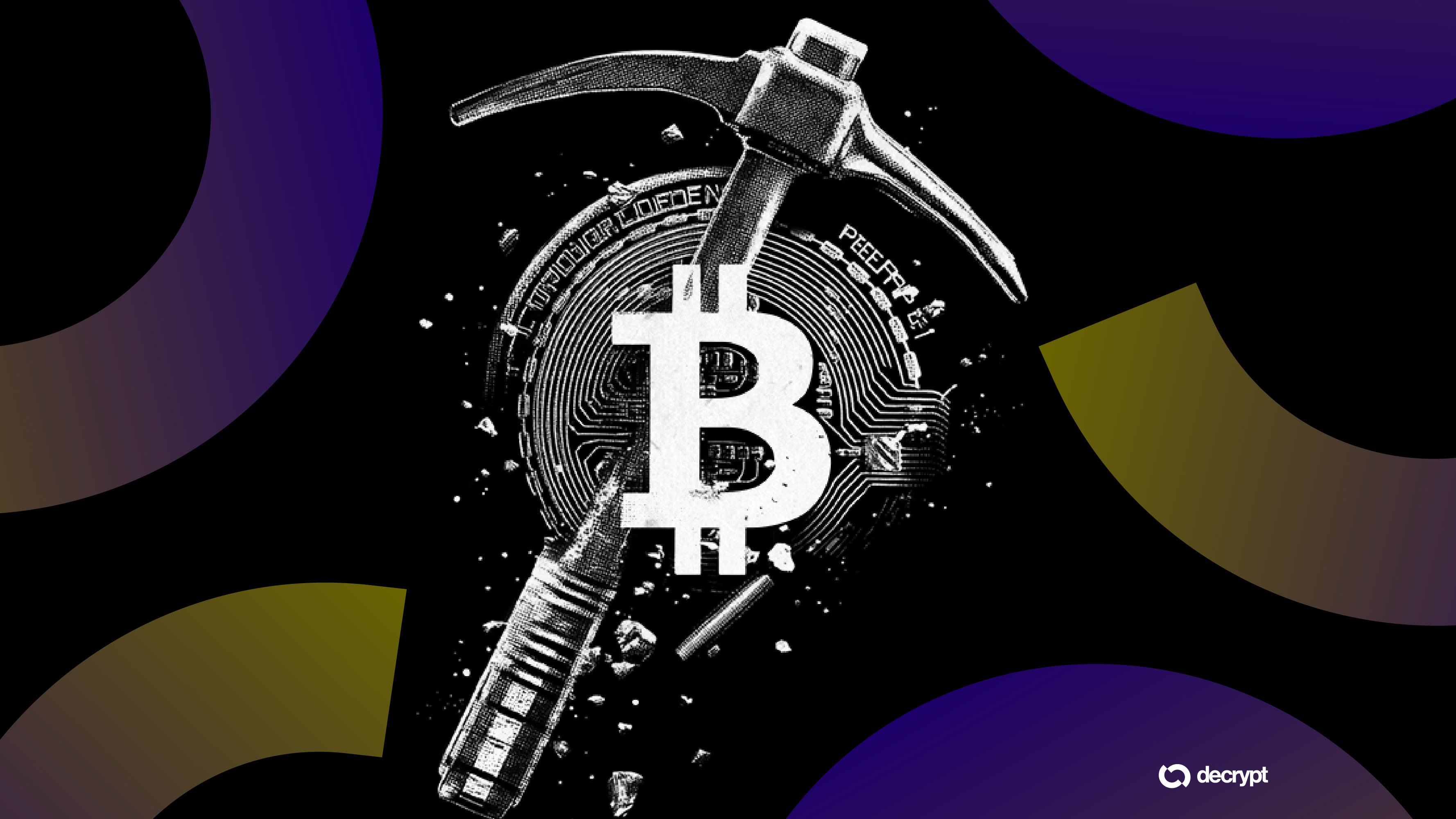 Illustration showing a pickaxe striking a Bitcoin-emblazoned coin on a black background with purple and yellow abstract shapes, credited to Decrypt.