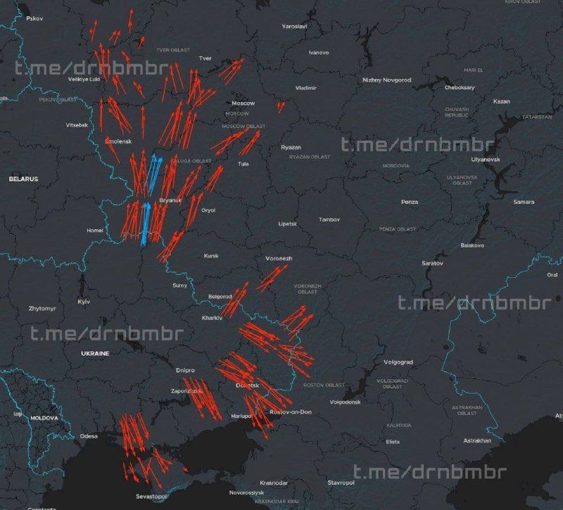 A dark map of Eastern Europe displays numerous red and blue arrows pointing in various directions, concentrated across Ukraine and western Russia, with the watermark "t.me/drnbmbr" visible.