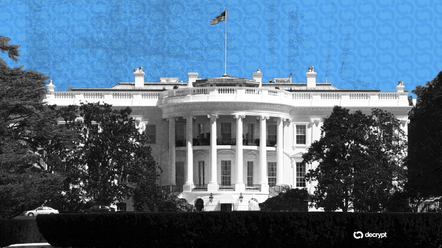 A graphic illustration shows a white neoclassical building with columns, an American flag, and a "decrypt" logo against a blue patterned sky.