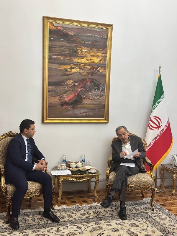 Two men in suits sit facing each other in ornate chairs during a meeting, with one holding papers, beside a small table of refreshments, beneath a framed painting and an Iranian flag.
