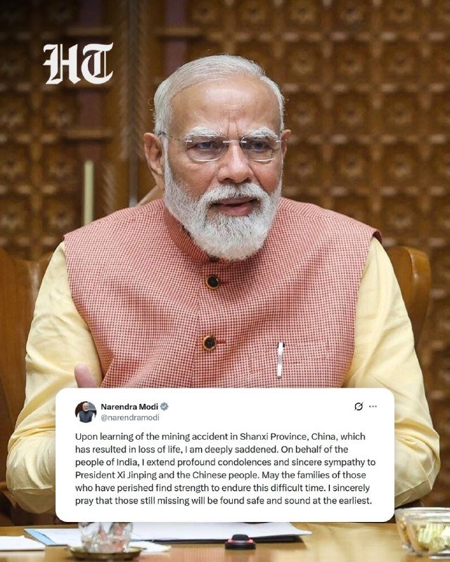 A white-bearded man in a checkered vest sits at a desk, with an overlaid tweet from Narendra Modi expressing condolences over a mining accident in Shanxi Province, China.