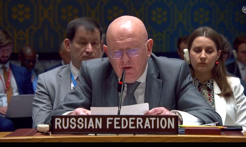 A bald man in glasses speaks into a microphone behind a "Russian Federation" placard, with other attendees seated nearby in a formal conference setting.