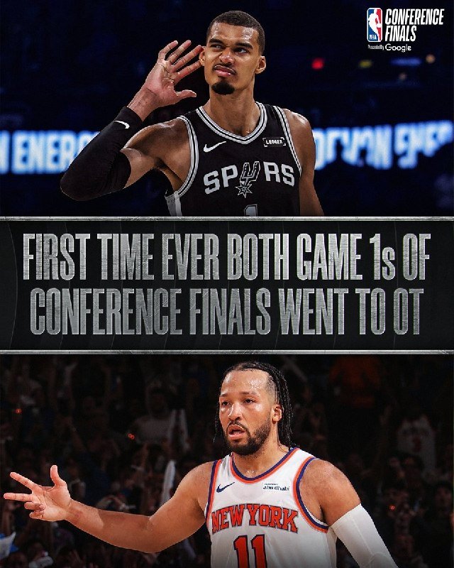 A graphic shows a Spurs player holding up four fingers above the text "FIRST TIME EVER BOTH GAME 1s OF CONFERENCE FINALS WENT TO OT," with a Knicks player below.