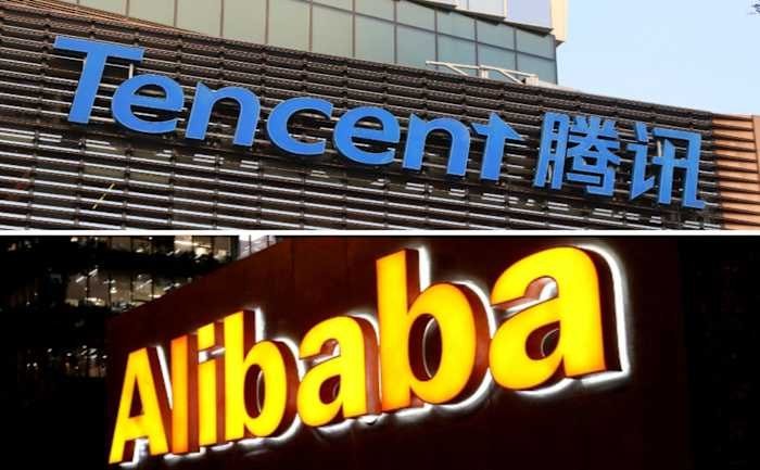 Split image showing the "Tencent" corporate sign in blue letters above the "Alibaba" corporate sign in illuminated orange letters.
