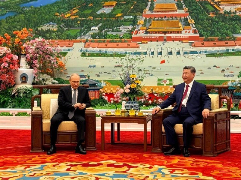 Two men in dark suits sit in ornate wooden chairs on a red carpet, facing each other across a table with flowers and teacups, before a large mural of a palace complex.