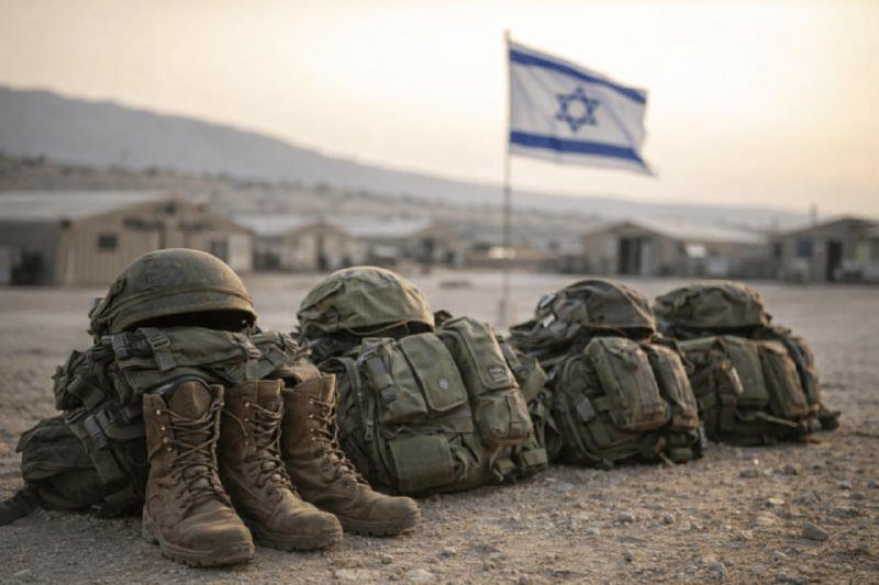 Military boots, helmets, and backpacks are arranged in a row on gravel, with an Israeli flag and tents visible in the background.