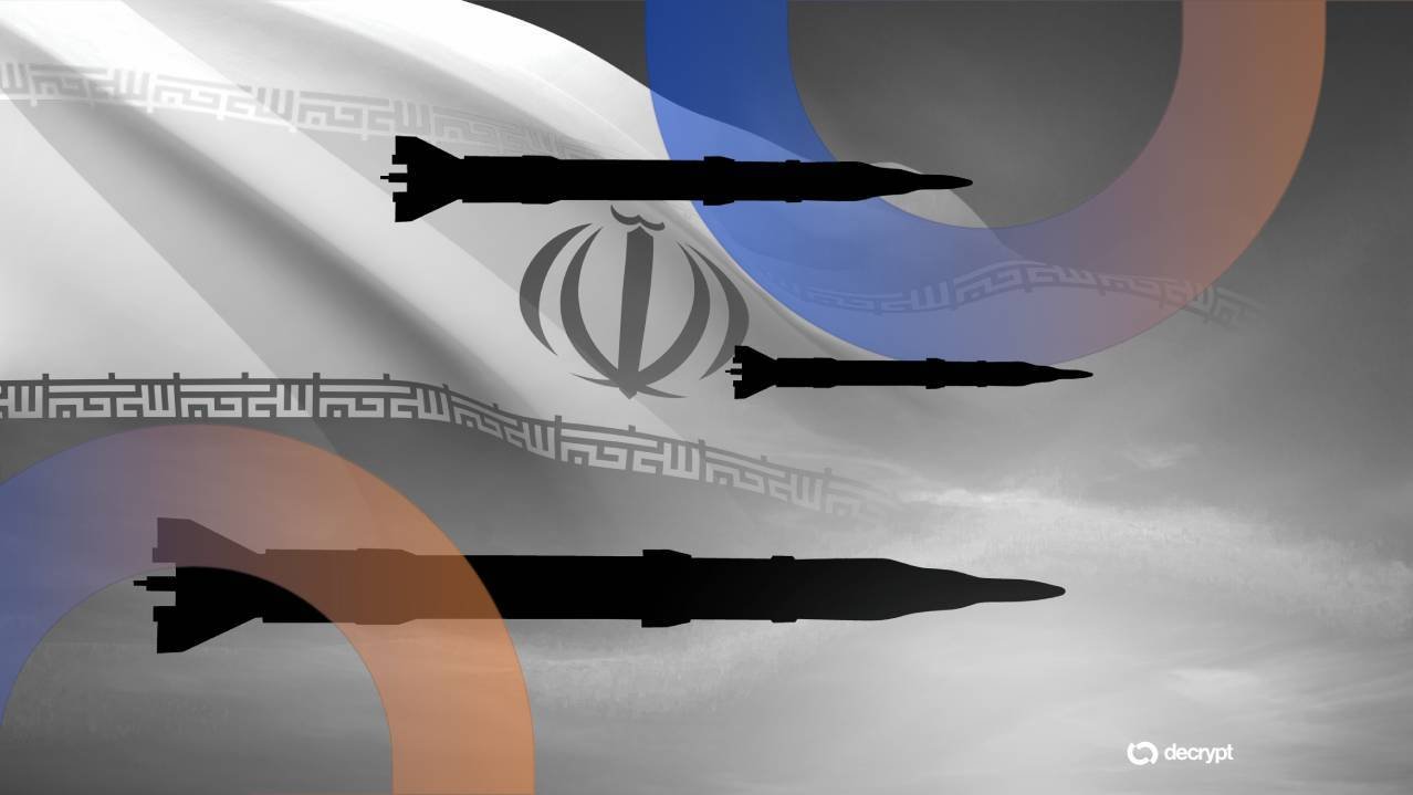 A digital illustration shows three black missile silhouettes overlaid on the Iranian flag and a cloudy sky, with a "decrypt" logo in the corner.