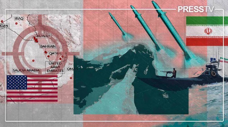 A graphic illustration shows a map of the Persian Gulf region with labeled countries, alongside U.S. and Iranian flags, warships, and missiles.
