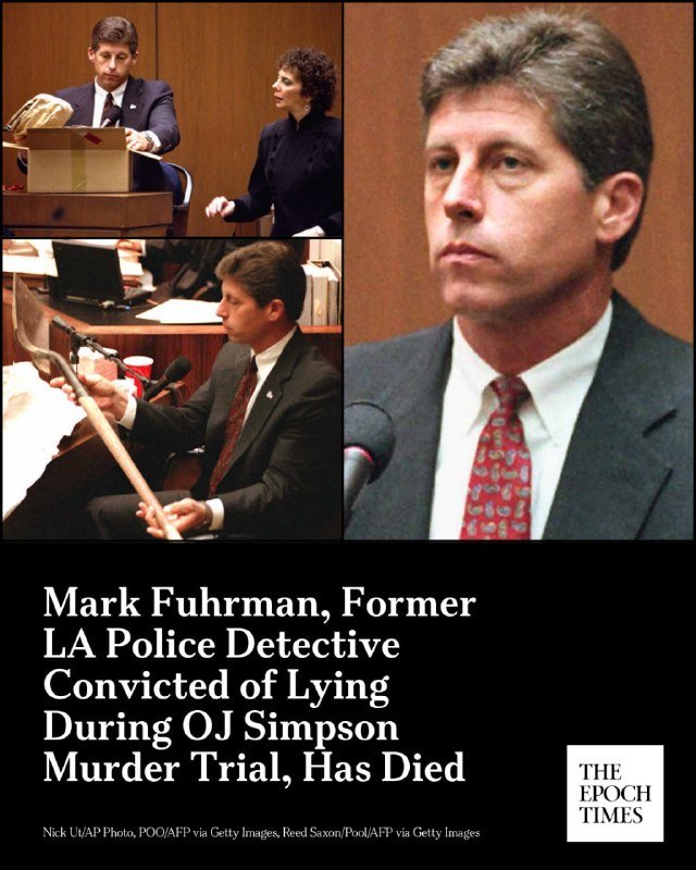 A composite image shows a man in a suit and tie speaking at a podium, handling evidence in court, and sitting beside another person, with text identifying him as Mark Fuhrman.