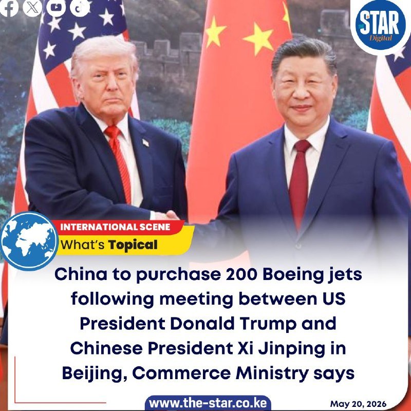 Two men in suits shake hands in front of US and Chinese flags in a news graphic captioned "China to purchase 200 Boeing jets" dated May 20, 2026.