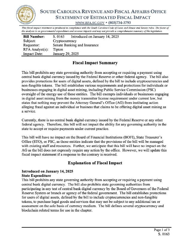 A South Carolina Revenue and Fiscal Affairs Office document titled "Statement of Estimated Fiscal Impact" regarding Bill S. 0163 on Cryptocurrency, introduced January 14, 2025.