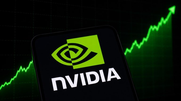 A smartphone displays the Nvidia logo against a dark background featuring a rising green stock chart line with an upward-pointing arrow.