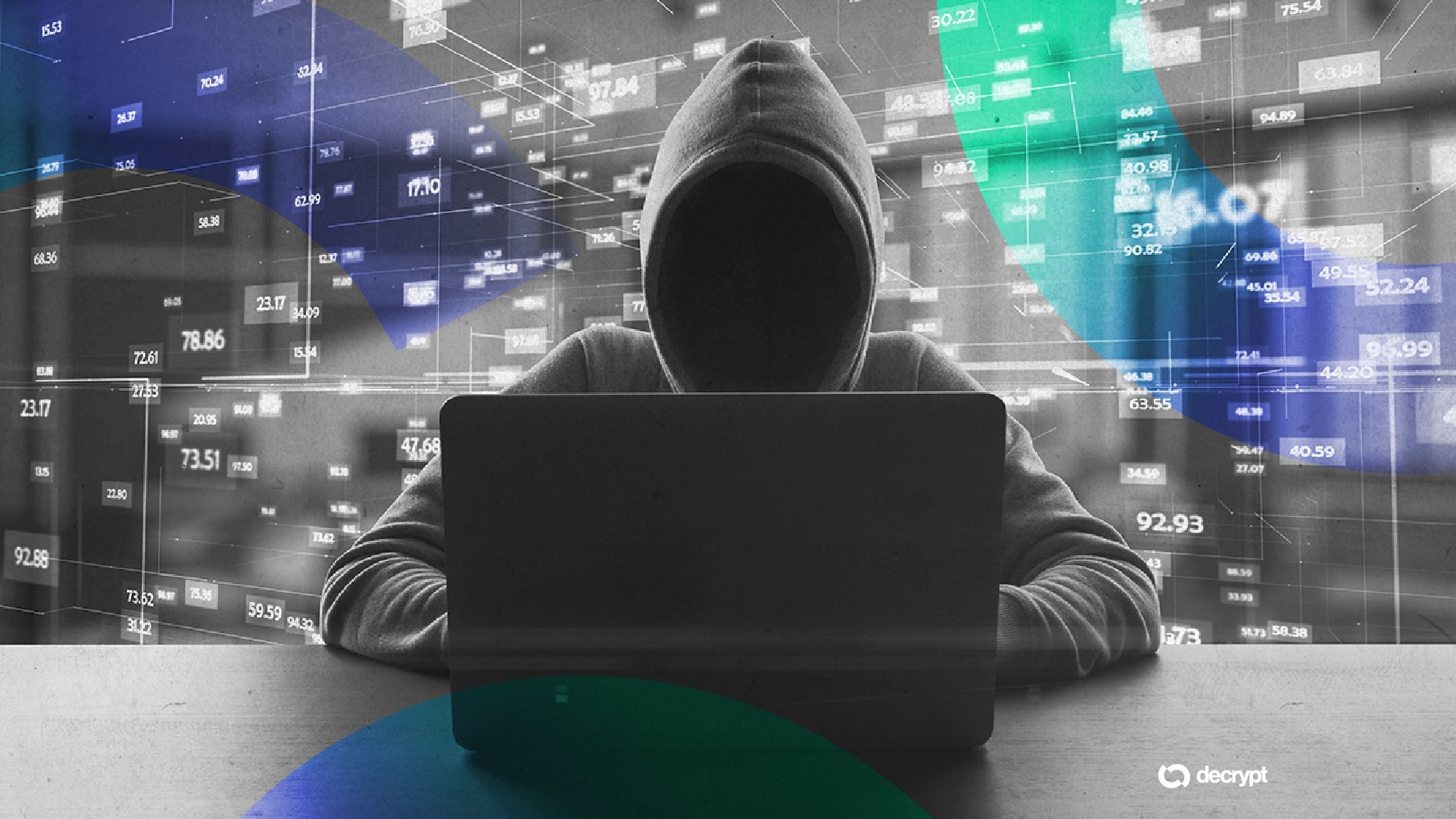 A hooded, faceless figure sits behind an open laptop, overlaid with floating numbers, charts, and green and blue graphic shapes, with a "decrypt" logo in the corner.