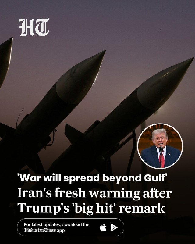 A news graphic featuring two missiles silhouetted against a dark sky, an "HT" logo, and an inset photo of Donald Trump, with text warning of war spreading beyond the Gulf.
