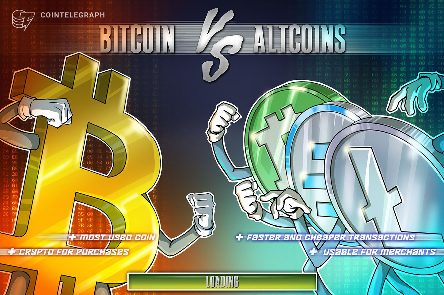 Cointelegraph illustration depicts a Bitcoin "B" facing off against altcoin symbols in a boxing-style graphic with a "LOADING" bar.
