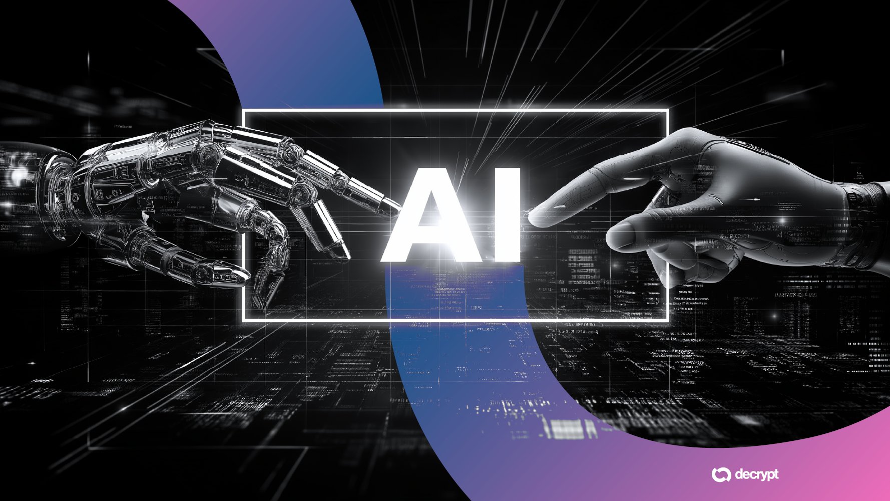 A digital illustration shows a mechanical robotic hand and a human hand reaching toward each other on either side of the letters "AI," set against a dark, code-filled background with a "decrypt" logo.